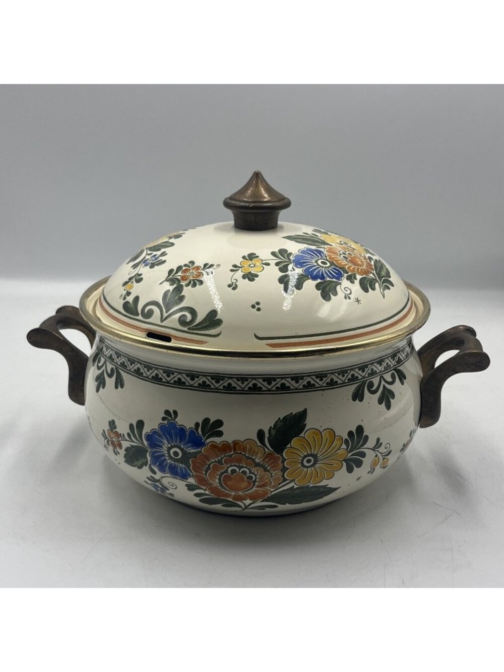 Vintage ASTA German Enameled Lidded Casserole Pan w/Brass Handles Finial Floral
